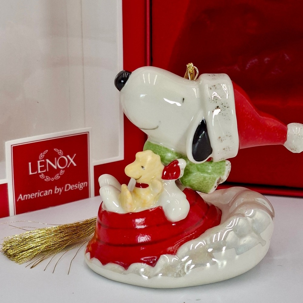 Lenox Peanuts Snoopy Woodstock Sledding Christmas Ornament 2014 3in #849918 Box